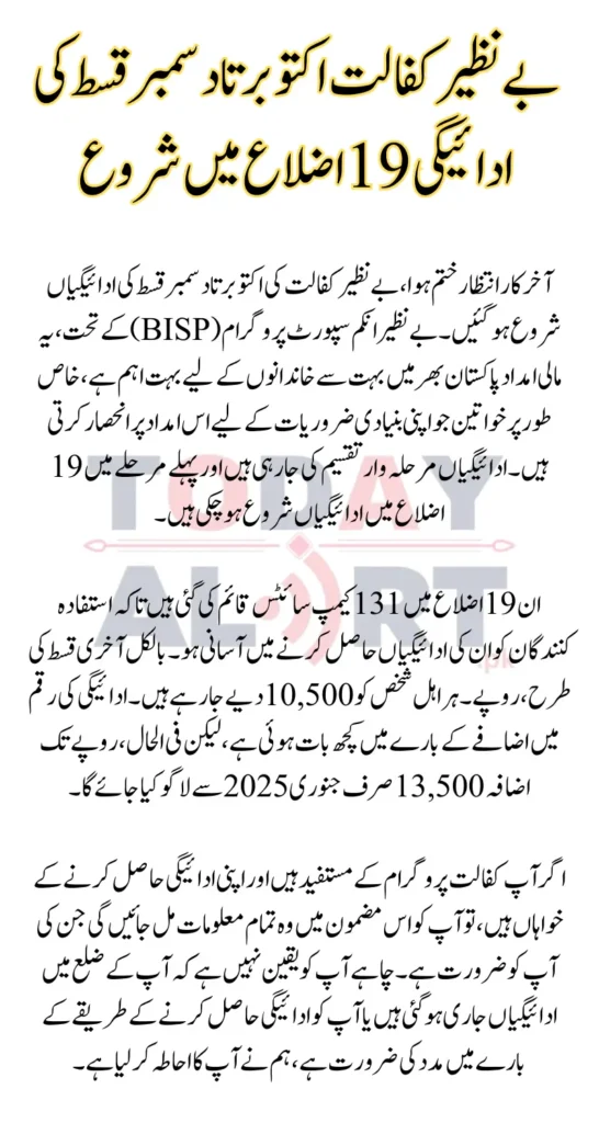 Benazir Kafaalat Oct-Dec Installment Payments Begin in 19 Districts