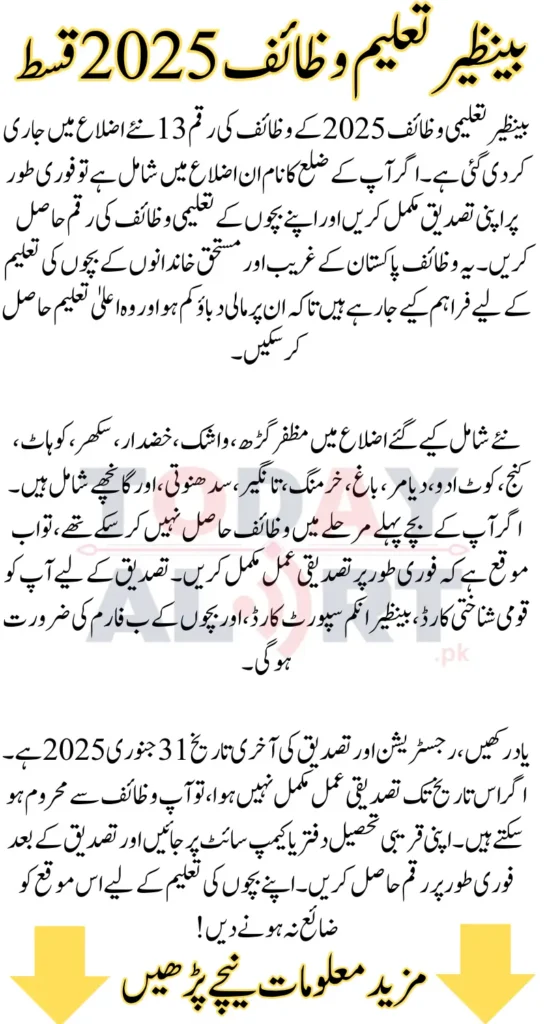 Benazir Taleemi Wazaaif 2025 Stipend Districts for February 2025 Payment