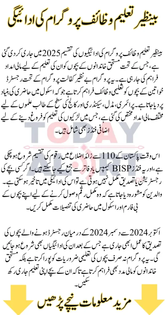 Benazir Taleemi Wazaif Program Payments Details 2025 Education Levelwise